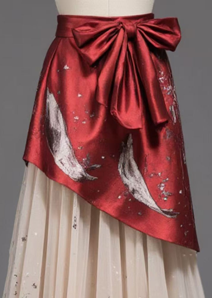 Unique Red Lace Up High Waist Patchwork Chiffon Skirt Summer