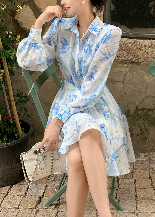 Elegant Blue Peter Pan Collar Print Tie Waist Cotton Blouses Dress Fall