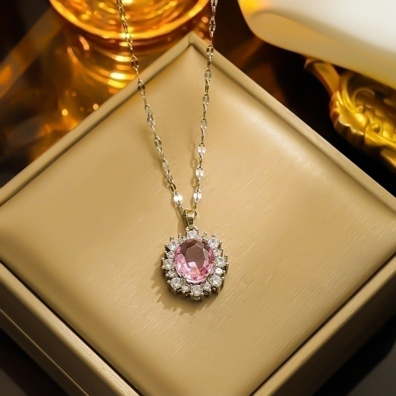 Shiny Oval Stainless Steel Inlay Zircon Pendant Necklace