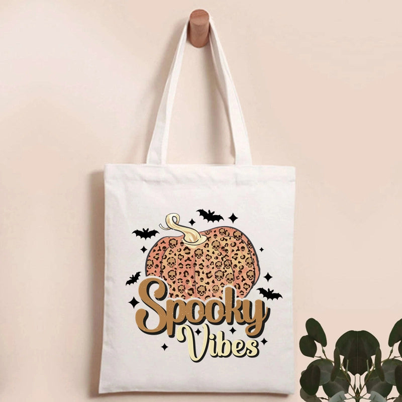 Halloween Women's Canvas Pumpkin Letter Cute Square Open Canvas Bag