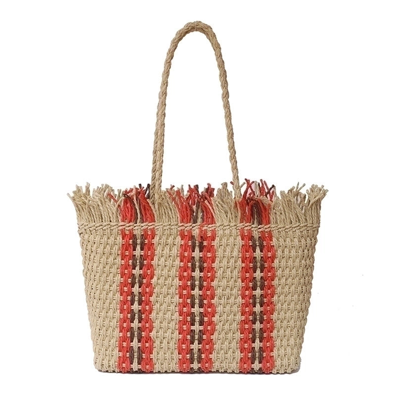 Women's Medium Straw Stripe Vacation Square Open Straw Bag