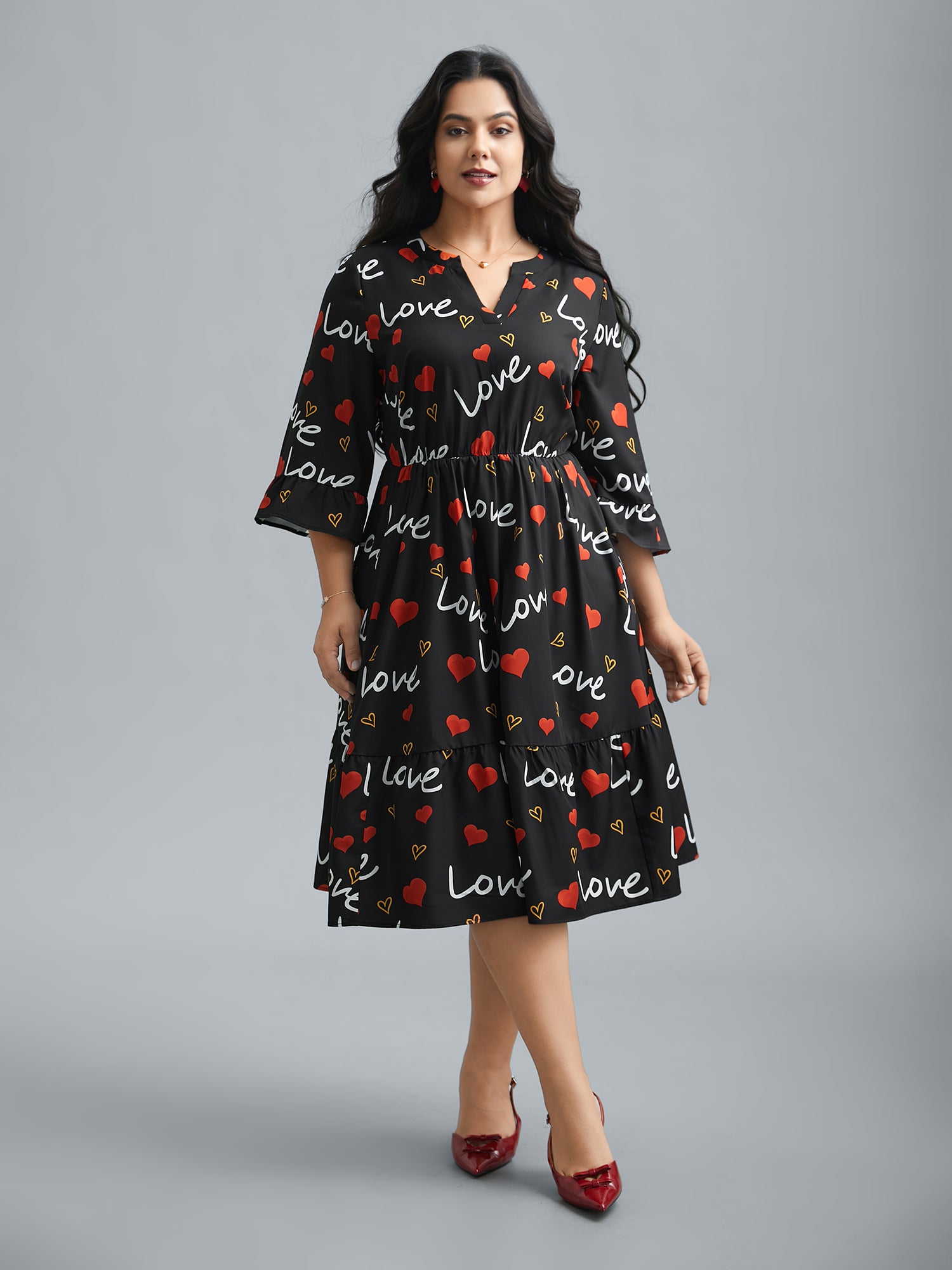 Notched Collar Heart Print Tiered Midi Dress