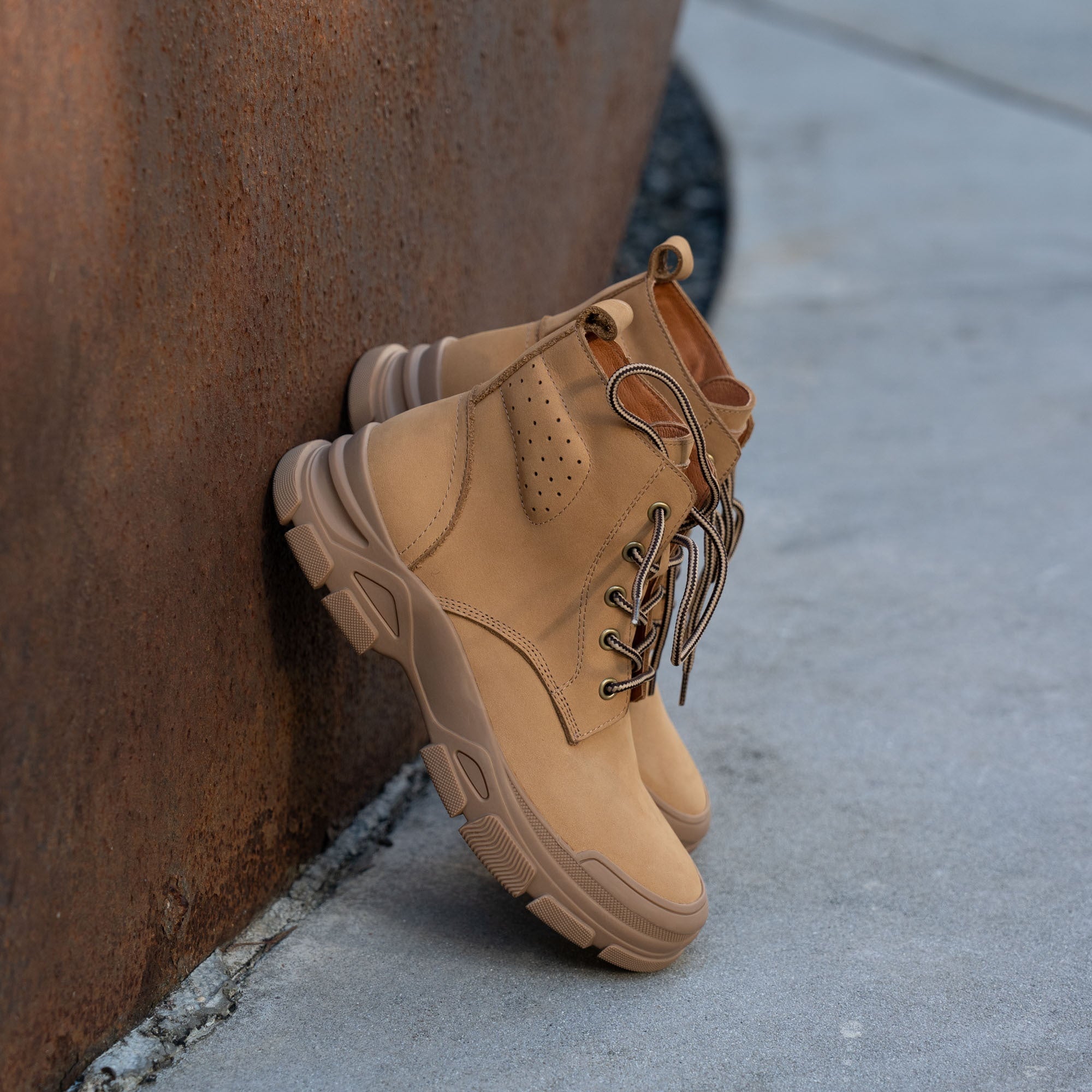 Designer Leather Short Boots Lace Up Combat Boots in Apricot/Khaki/Gray/Blue