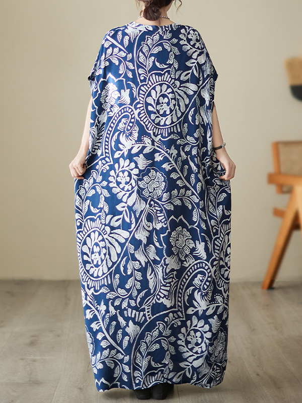 Loose Short Sleeves Printed V-Neck Maxi Dresses