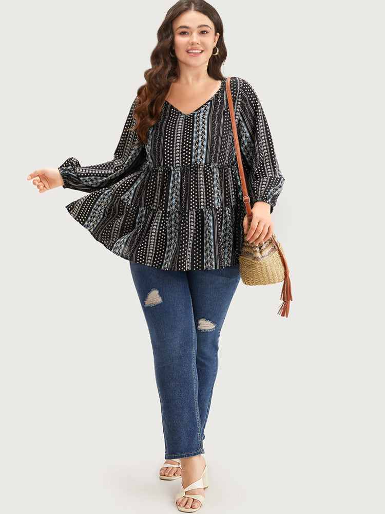 Boho Print Frill Trim Ruffle Layered Hem Blouse