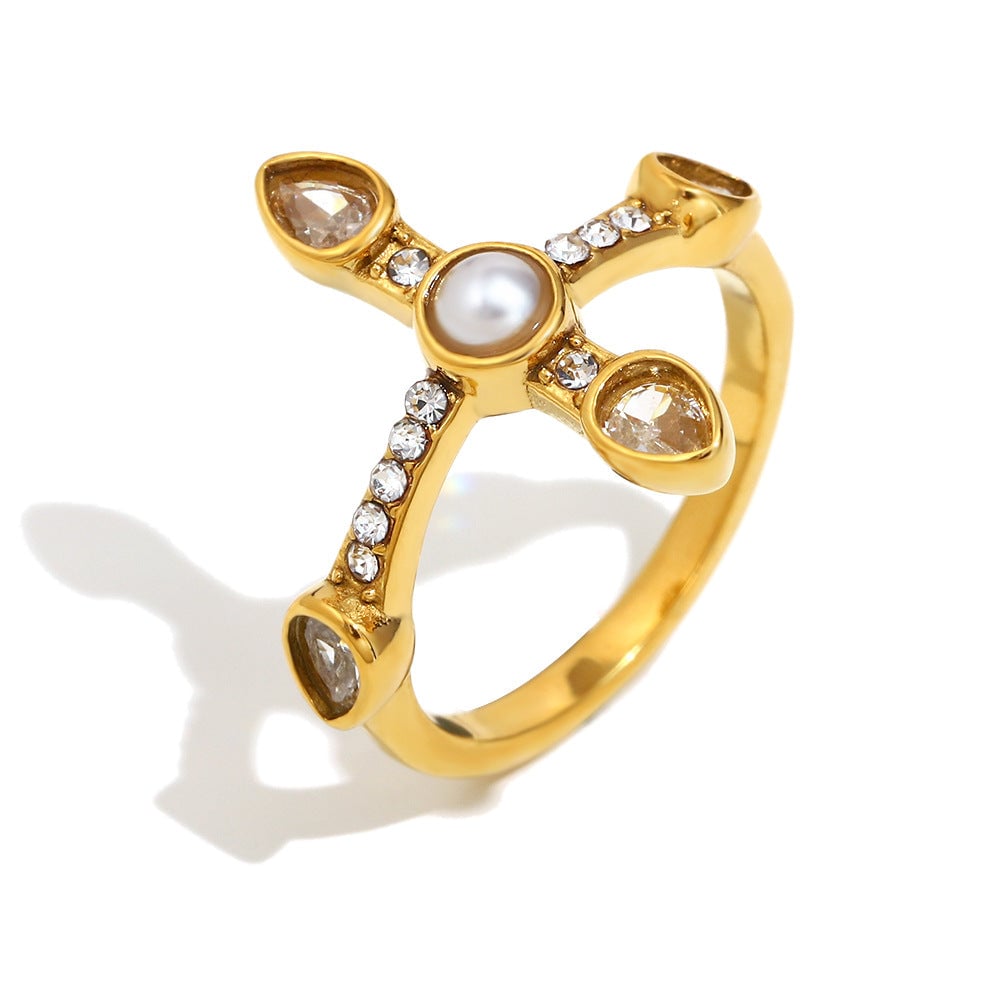 Fashionable Stainless Steel 18K Gold Plated Cross Zircon Five-Pointed Star Round Bead Braided Three-Layer Ring