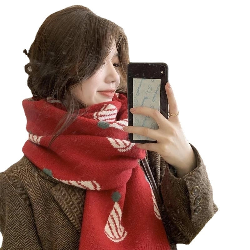 Christmas Gift Red Christmas Hat Wool Scarf Women's Winter Warm  Versatile Knitted Scarf Student