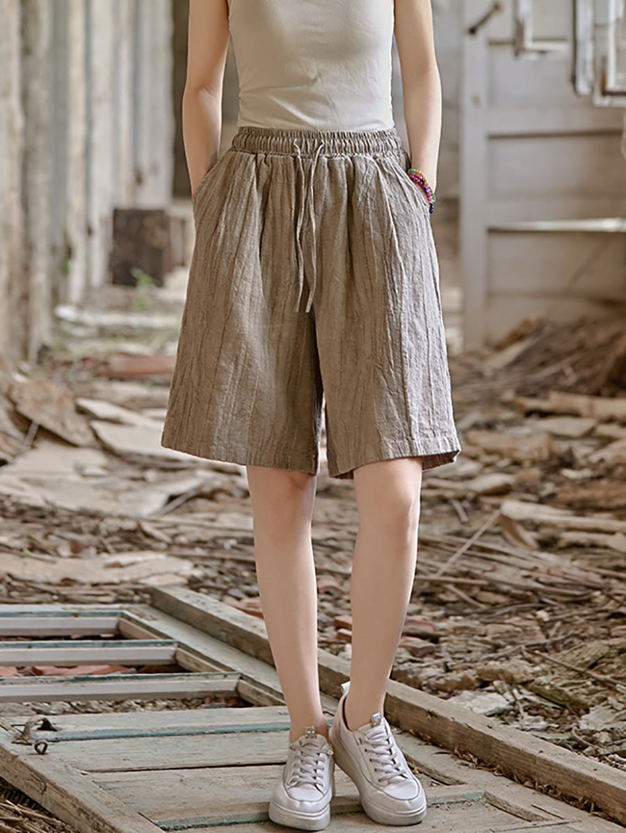 Women Summer Retro Pure Color Ramie Fifth Pants