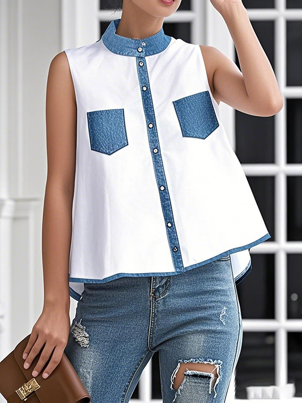 A-Line High-Low Buttoned Contrast Color Pockets Mock Neck Vest Top