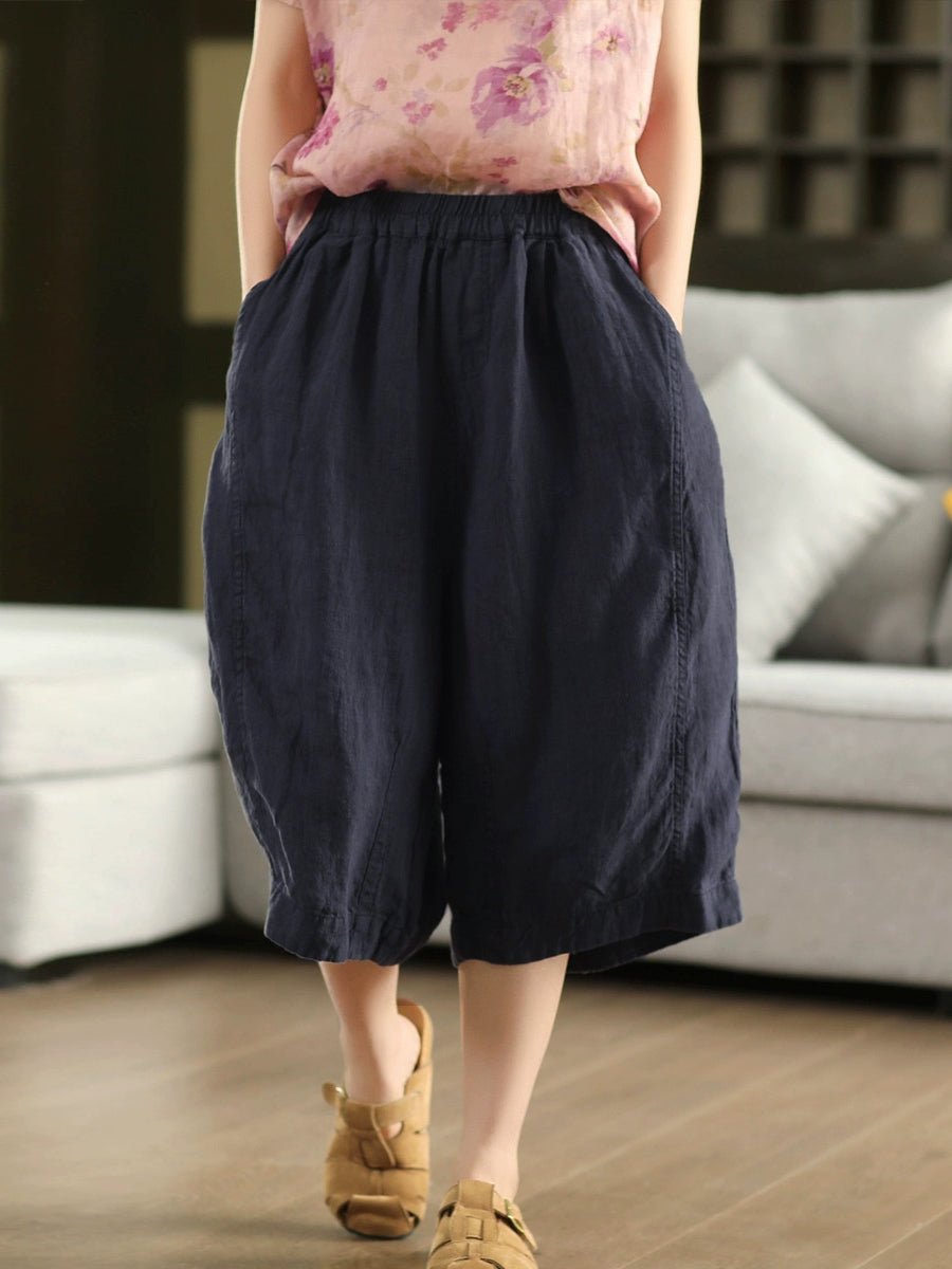 Women Summer Vintage 100%Linen Wide-leg Cropped Pants