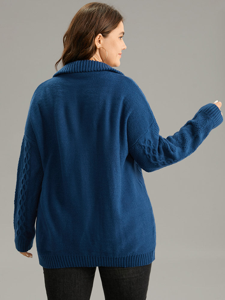 Zipper Lapel Collar Cable Knit Pullover