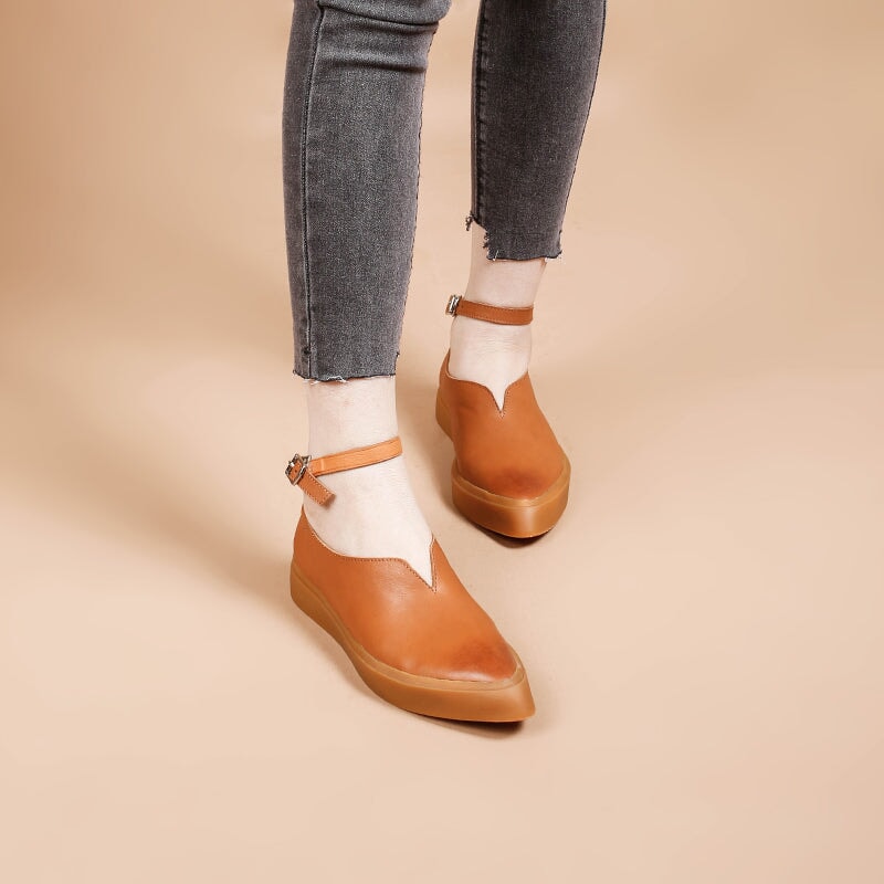 Vegetable Tanned Leather Flat Mary Jane Shoes For Women Point Toe Witch Style in Red/Khaki/Brown/Black