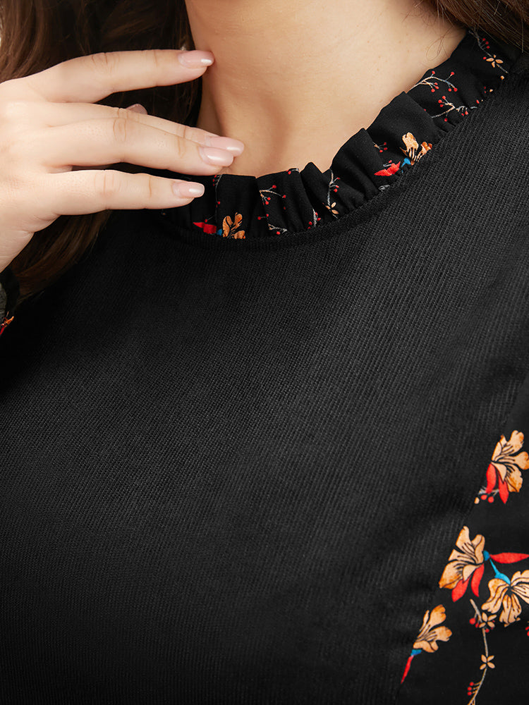 Floral Patchwork Ruffle Trim Pocket Zipper Dress