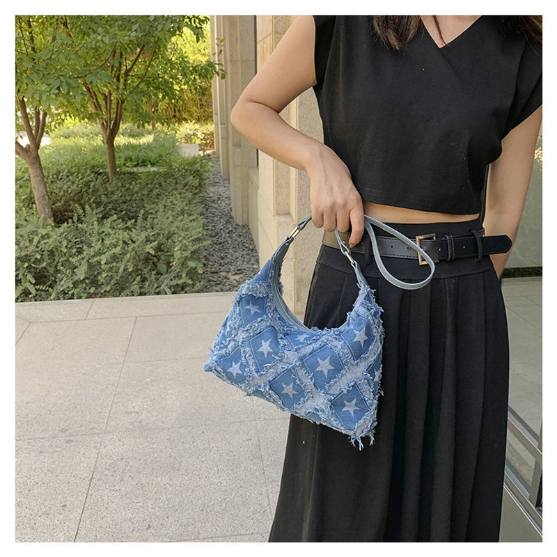 Women's Small Denim Star Streetwear Zipper Underarm Bag