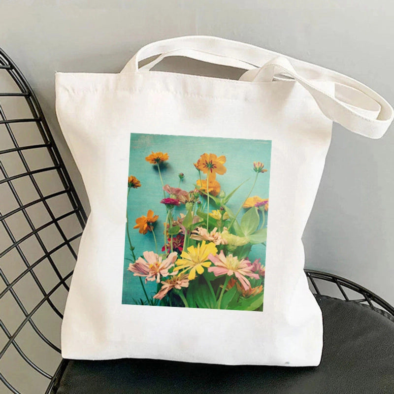 Women's Medium Canvas Flower Basic Classic Style Square Open Canvas Bag