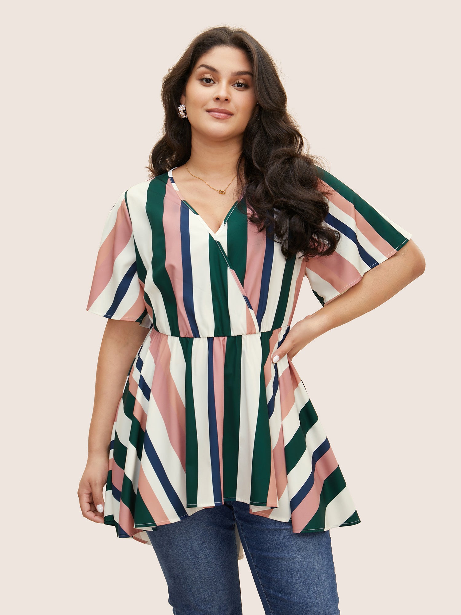 Striped Contrast Wrap Ruffles High Low Hem Blouse