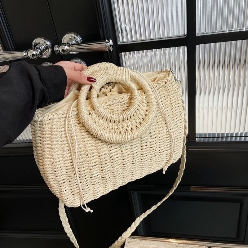 Women's Large Straw Solid Color Vacation Beach String Straw Bag