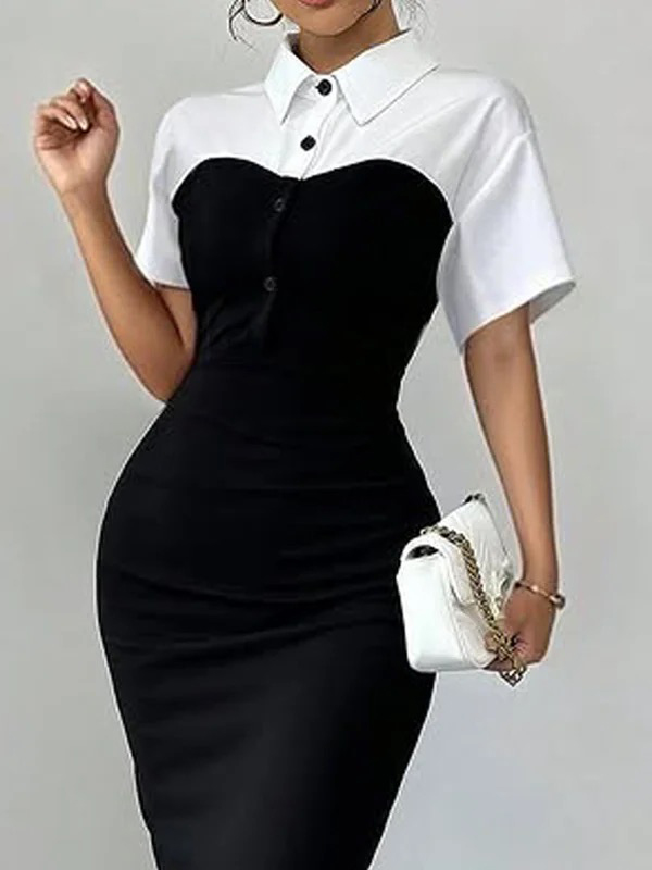 Bodycon Short Sleeves Buttoned Contrast Color Split-Joint Lapel Midi Dresses