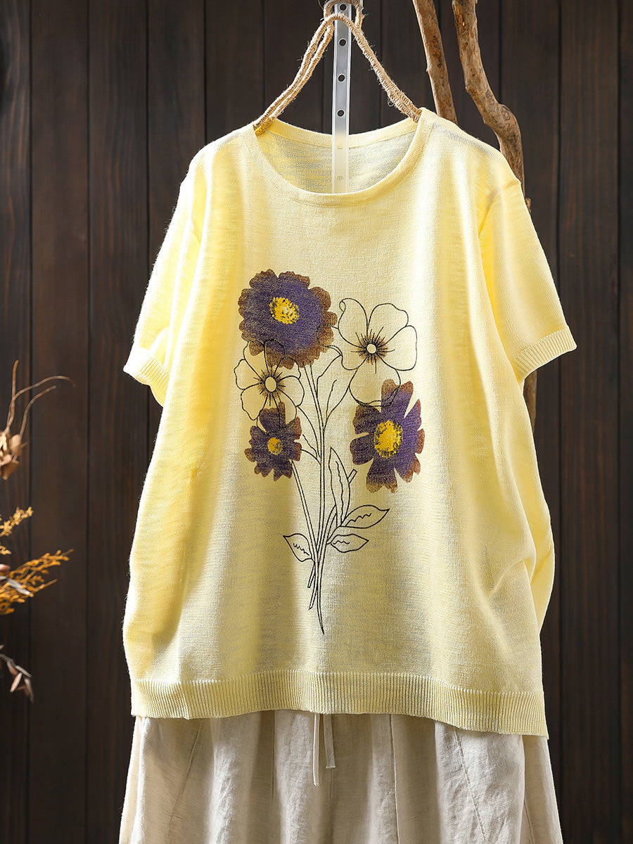 Women Summer Artsy Flower Knitted Linen Cotton Shirt