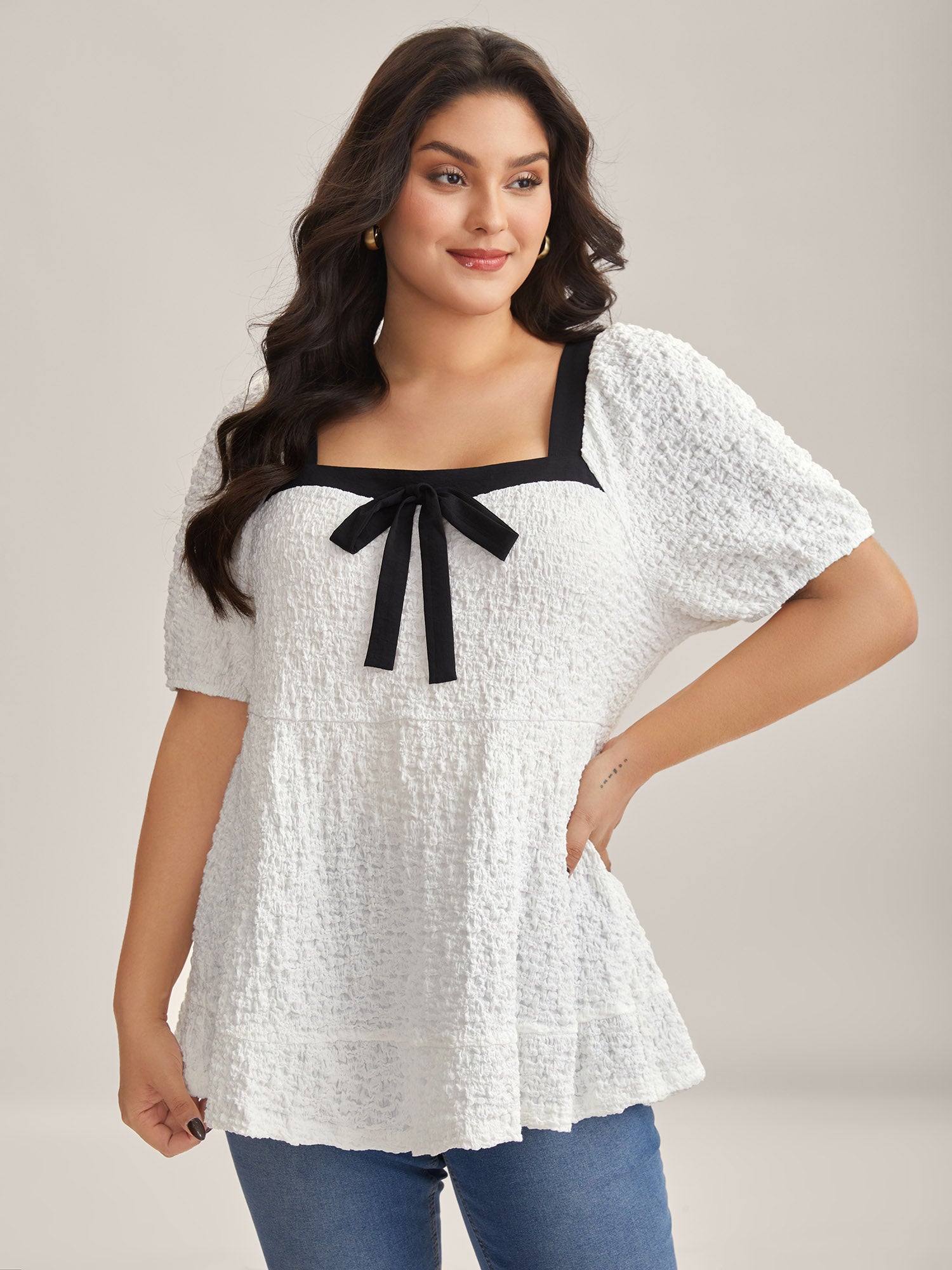 Textured Bow-Tie Color Contrast Top