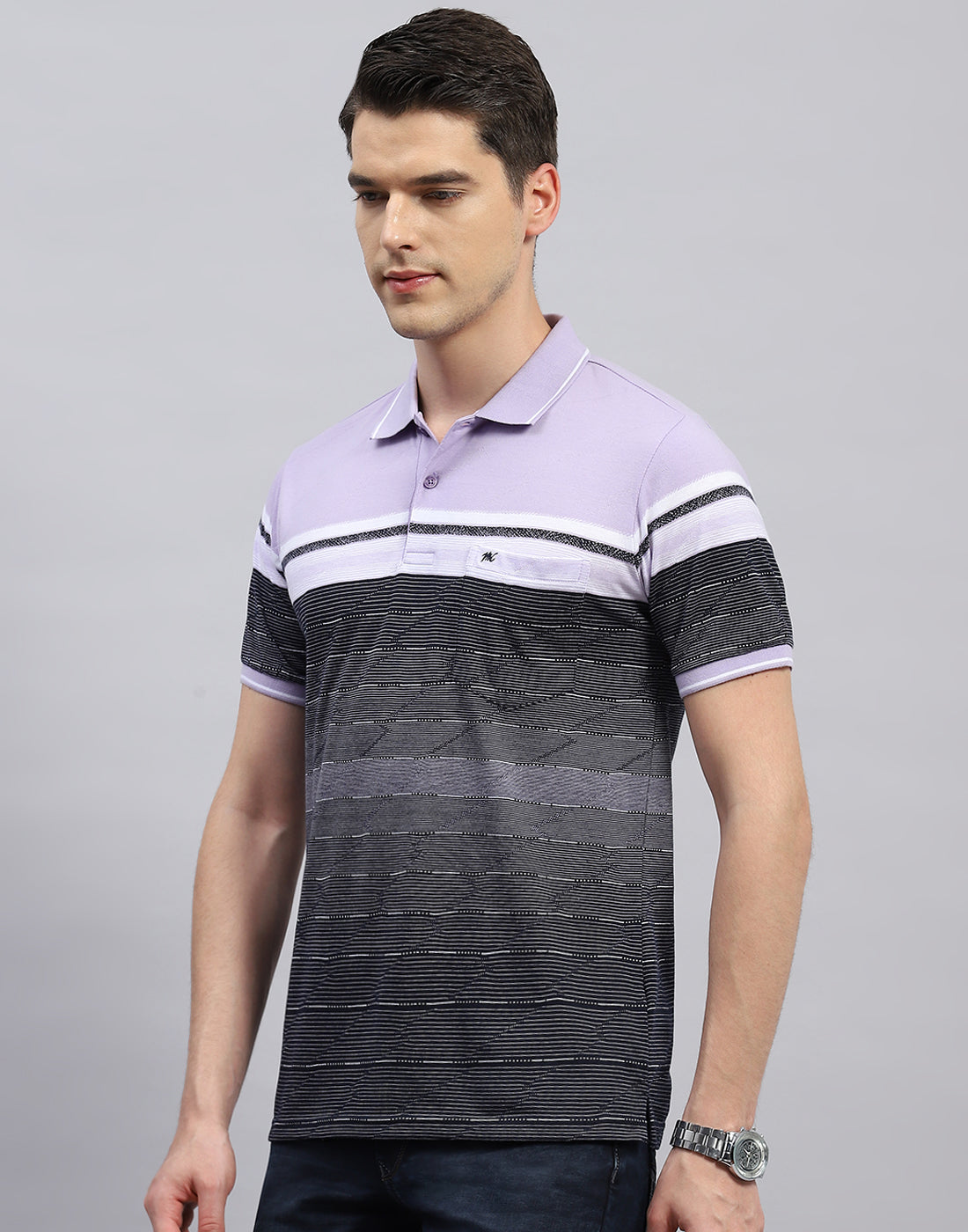 Men Purple Stripe Polo Collar Half Sleeve T-Shirt