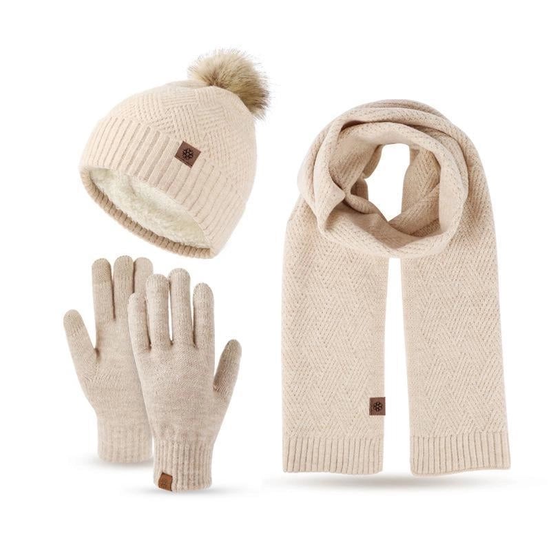 Wool Knitted Warm Gloves Hat Scarf Three-piece Suit Winter Windproof Fur Ball Fleece-lined Knitted Hat Three-piece Suit