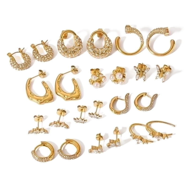 1 Pair Classic Style U Shape Crown Butterfly Plating Inlay Stainless Steel Artificial Pearls Rhinestones Zircon 18K Gold Plated Earrings