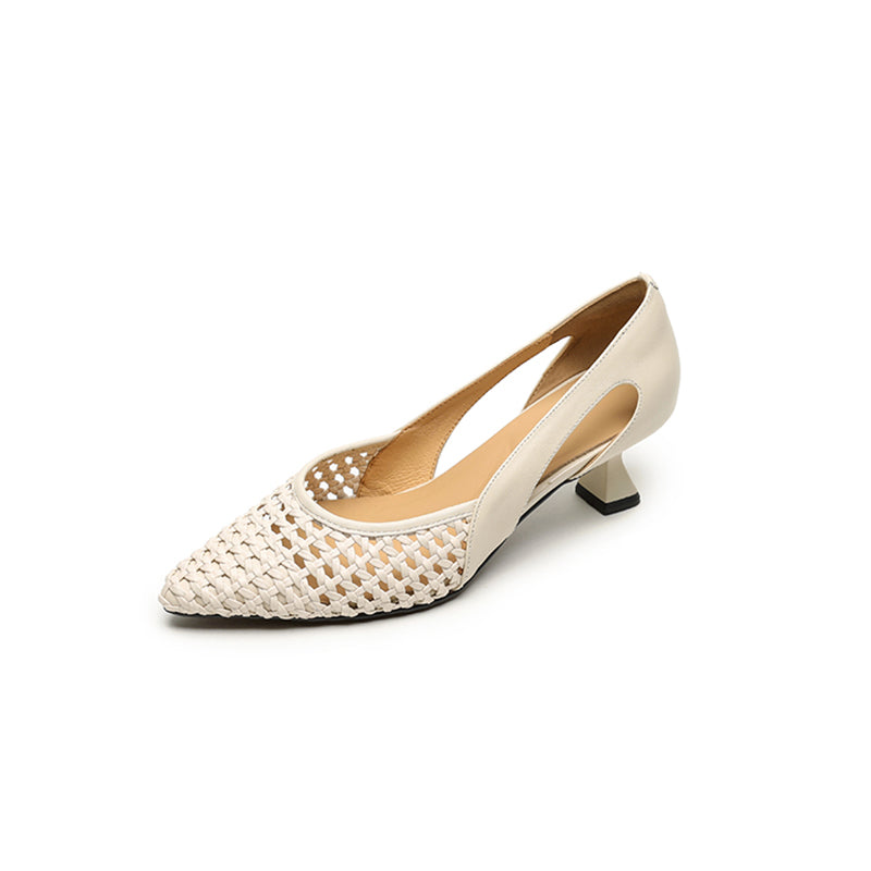 Pointed Toe Woven Kitten Heel Pumps Hollow Out Leather Fashion Office Shoes in Black/Beige/Silver