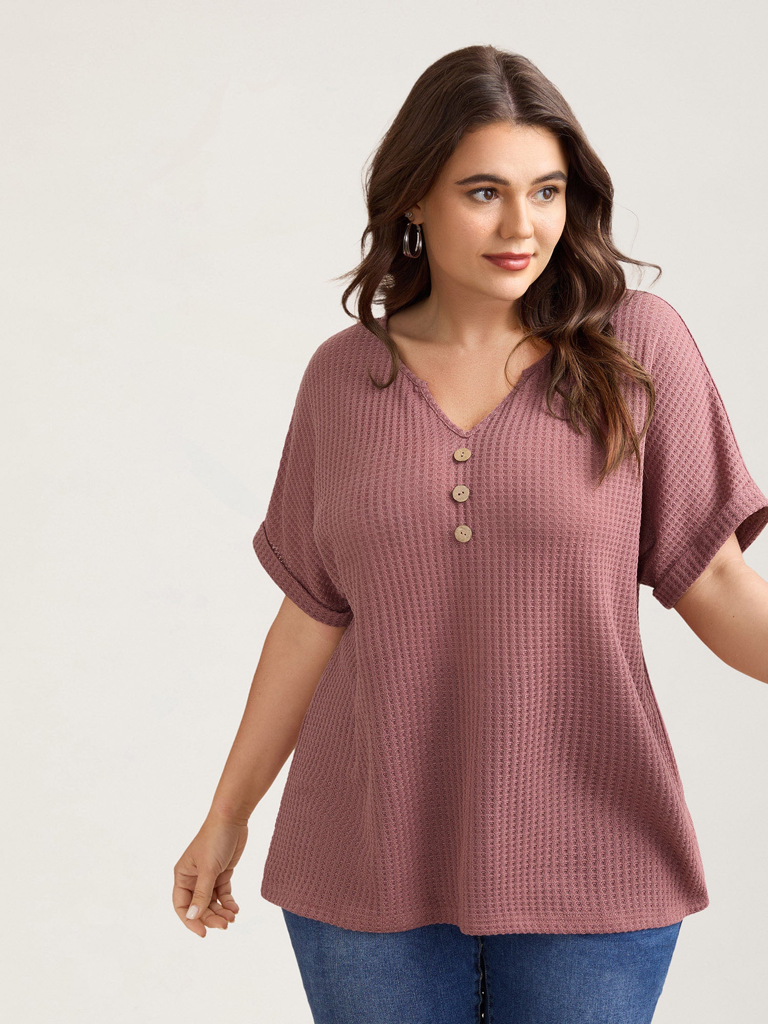 Waffle Knit Stretchy Button Split Neck T-Shirt