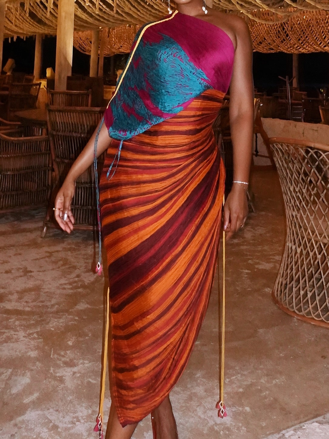 Irregular One Sleeve Pleated Side-Slit Dress