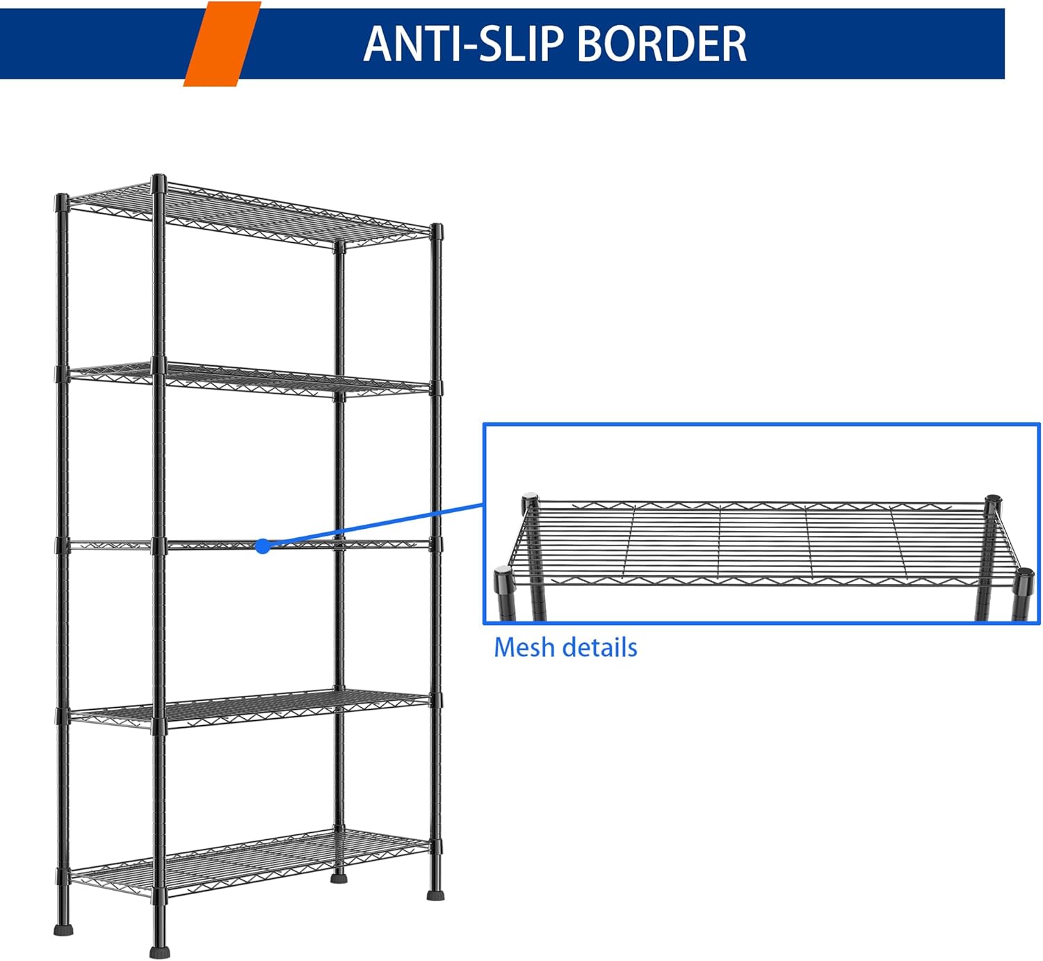 REGILLER 5-Wire Shelving Metal Storage Rack Adjustable Shelves,Standing Storage Shelf Units for Laundry Bathroom Kitchen Pantry Closet(Black,11.8