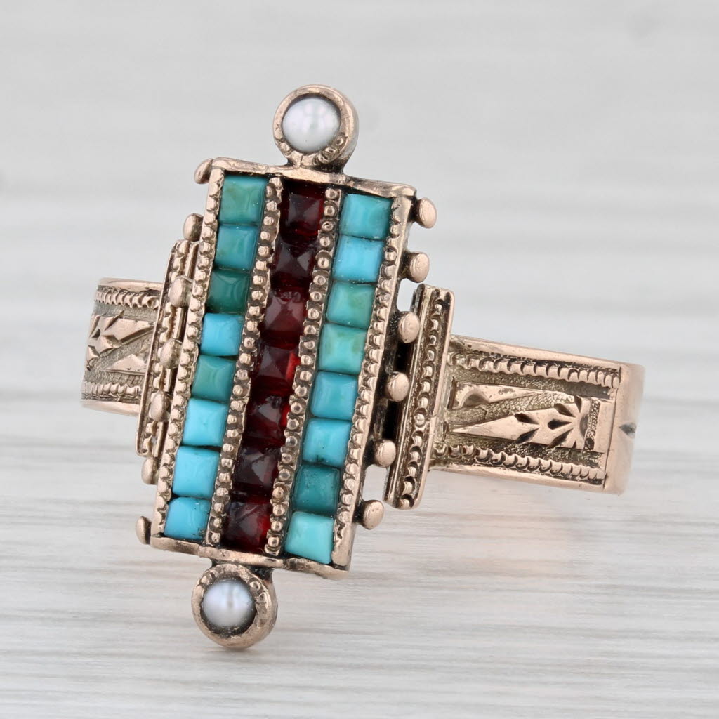 Victorian Turquoise Garnet Pearl Ring 9k Yellow Gold Size 6.25 Antique