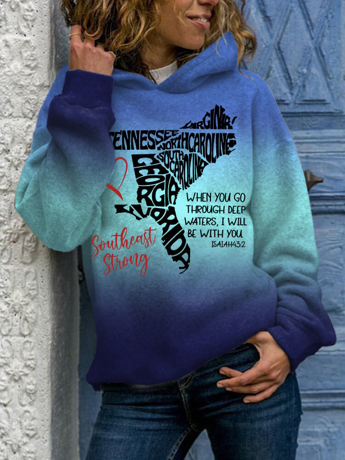 Retro Gradient Southeast Strong When You Go Through Deep Waters. I Will Be With You Isaiah 43:2 Tennessee Georgia. South Carolina. North Carolina. . Virginia. Florida Print Hoodie