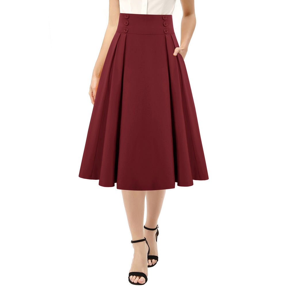 Leaf Patterns Pleated Buttons Decorated Elastic Waist High Waist Swing A-Line Skirt with Pockets