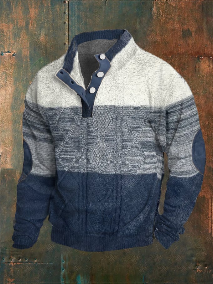 Men's Color Matching Print Button Stand Collar Sweatshirt