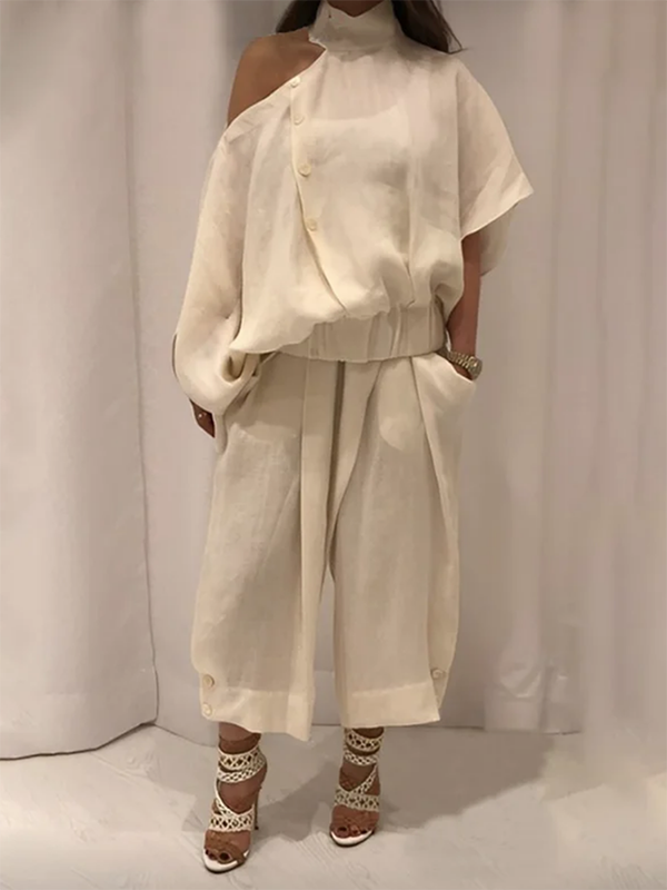 Irregularity Loose Hollow Solid Color Cold Shoulder Blouses&Shirts Tops