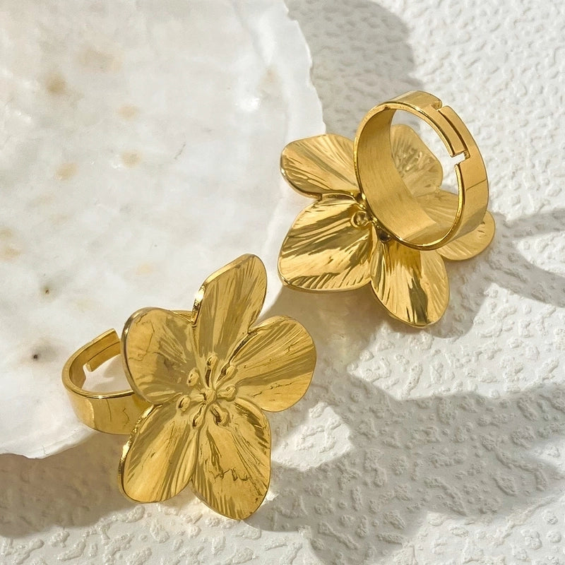 Vintage Style Flower 304 Stainless Steel 14K Gold Plated Plating Open Ring