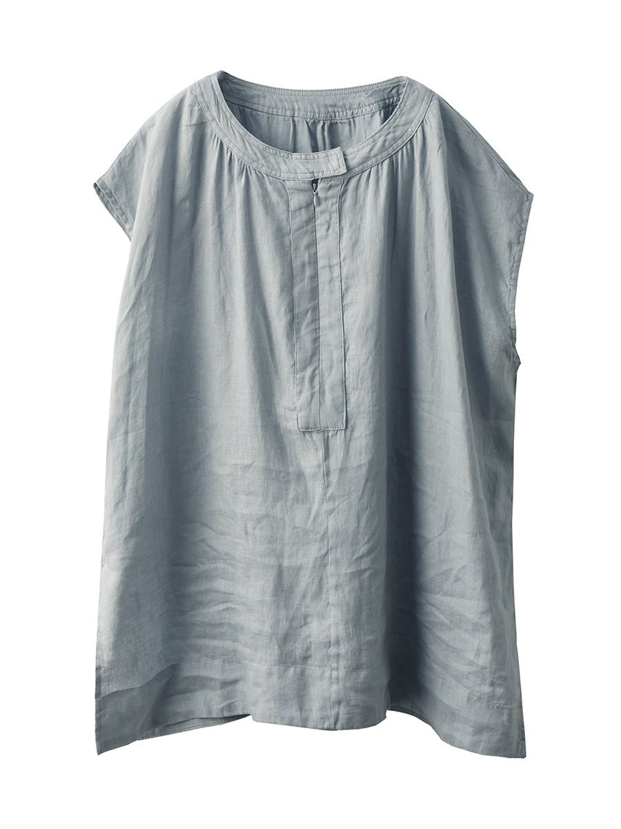 Women Summer Vintage Pure Color O-neck 100%Linen Shirt