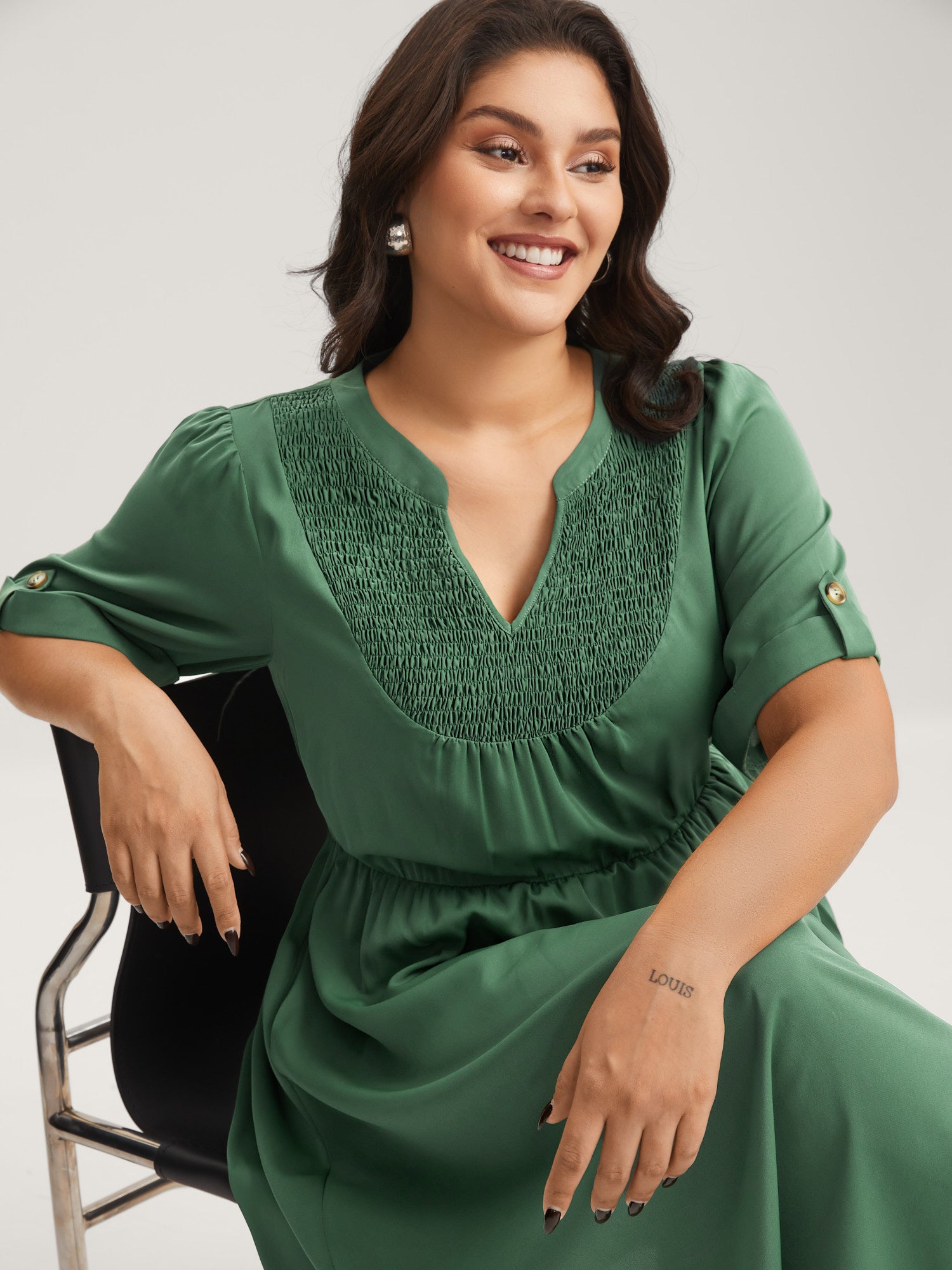 Shirred Neck Stretchy Waist Pockets Midi Dress