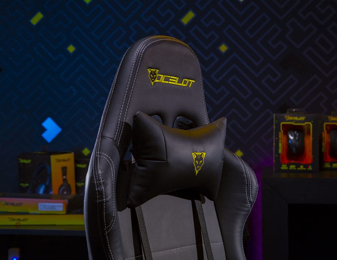 OCELOT GAMING Silla Gamer OGS-01, Base de plástico con descansa Brazos Ajustables y un ángulo de inclinación máxima de 155°, Incluye cojín Lumbar y Cervical - Soporta hasta 150Kg