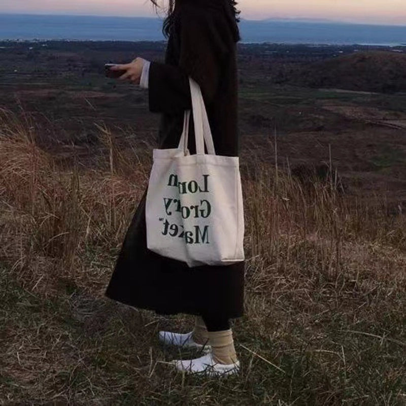 Women's Large Canvas Letter Basic Classic Style Zipper Canvas Bag