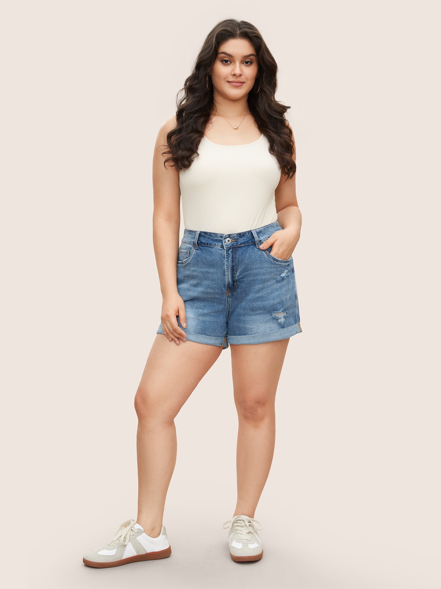 Skinny Very Stretchy Light Wash Roll Hem Distressed Denim Shorts