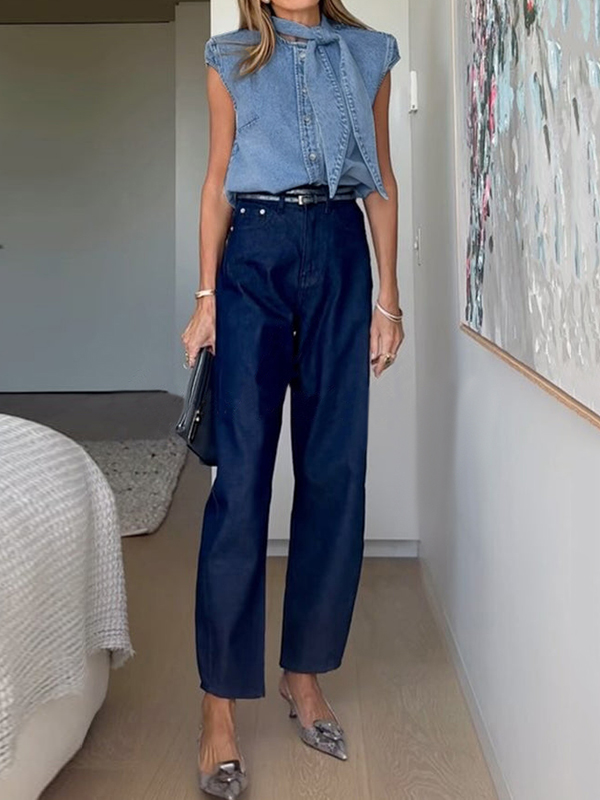 Loose Short Sleeves Split-Joint Round-Neck Blouses&Shirts Tops