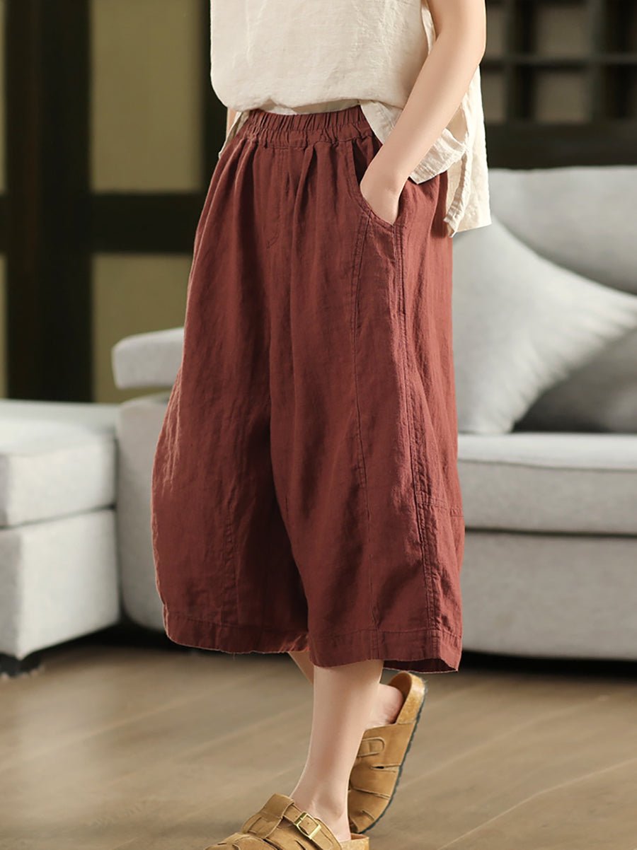 Women Summer Vintage 100%Linen Wide-leg Cropped Pants