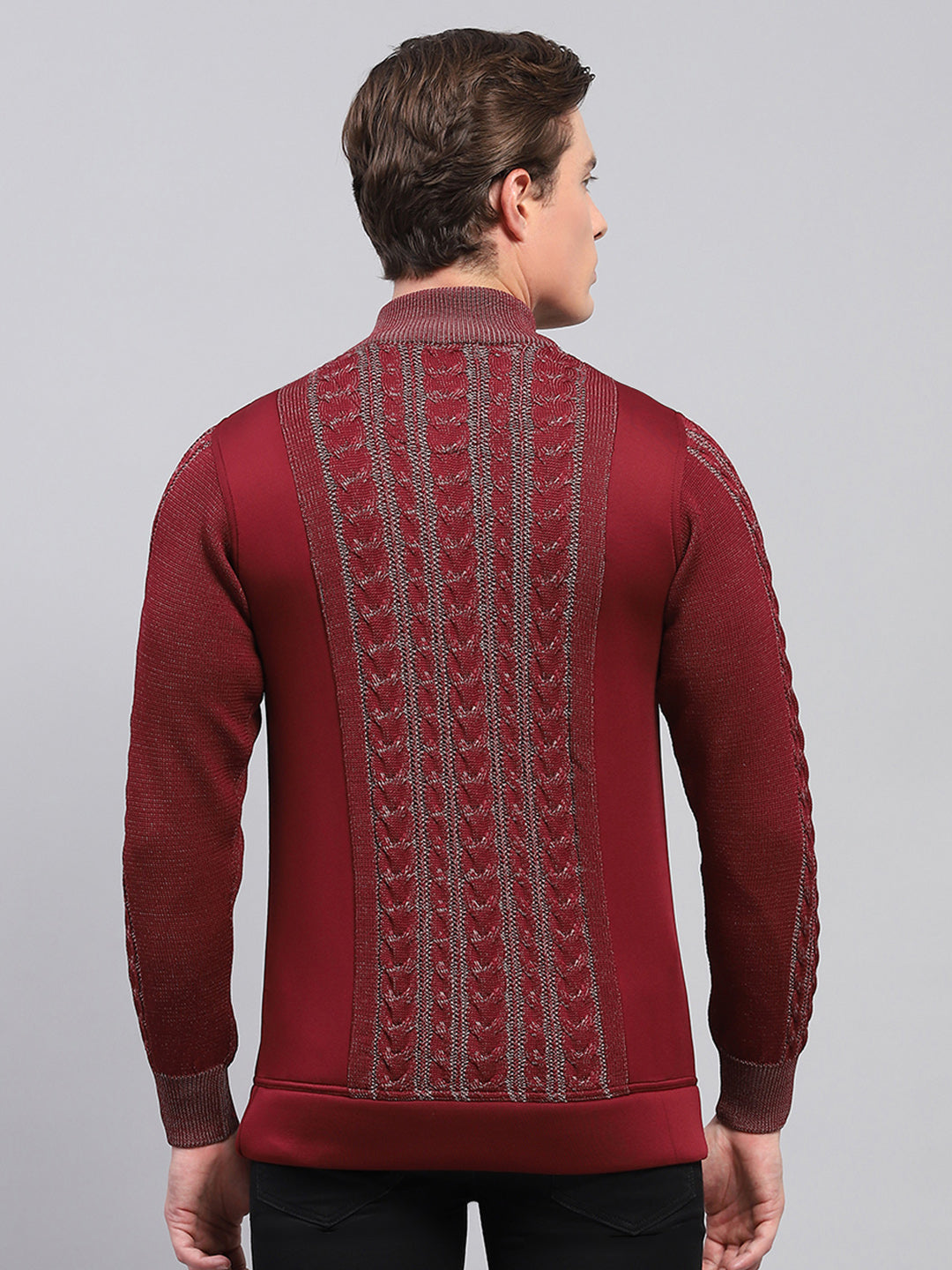 Men Maroon Self Design Mock Neck Full Sleeve Pullover