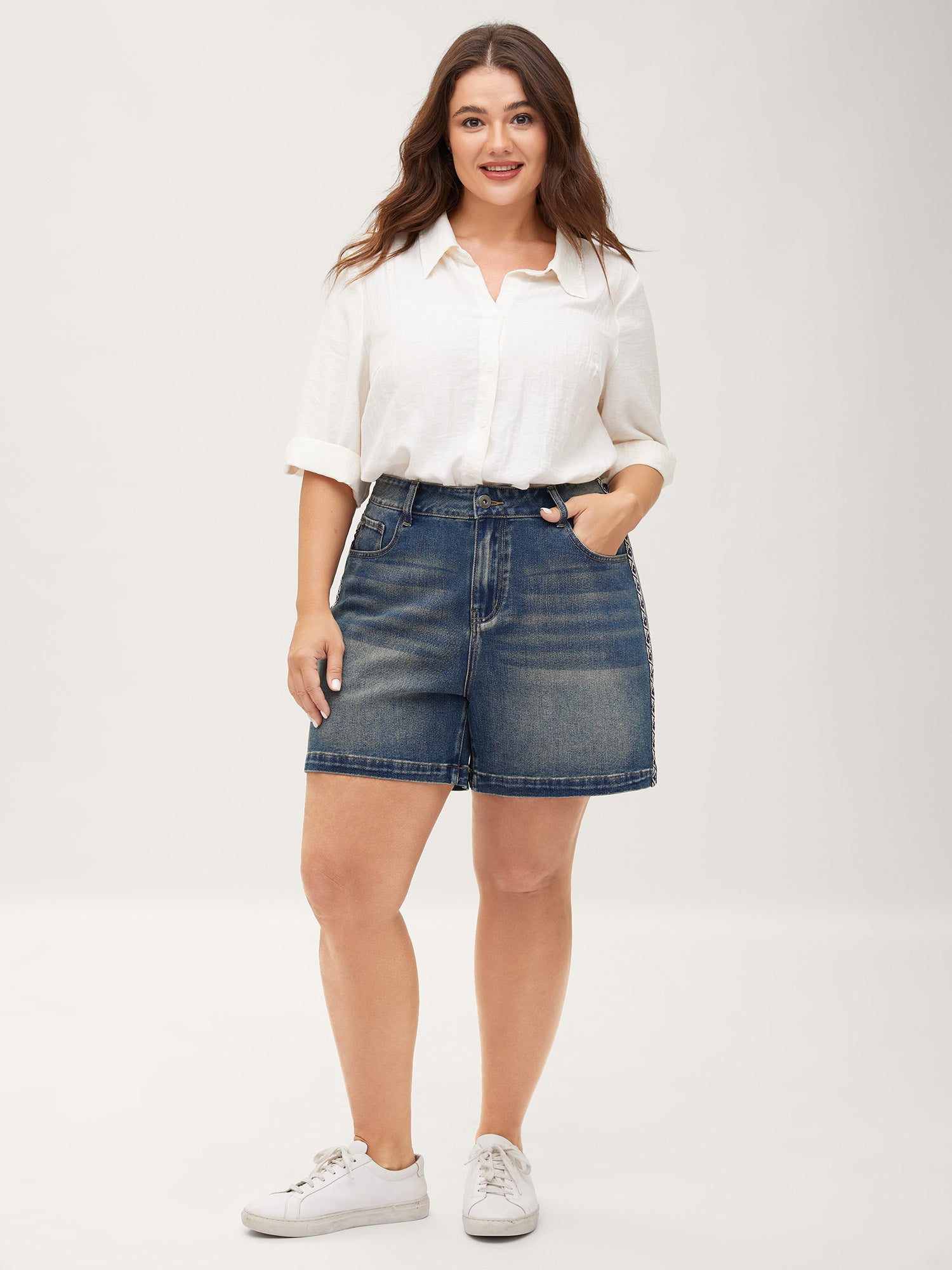 Lace Trim Classic Cut Denim Shorts