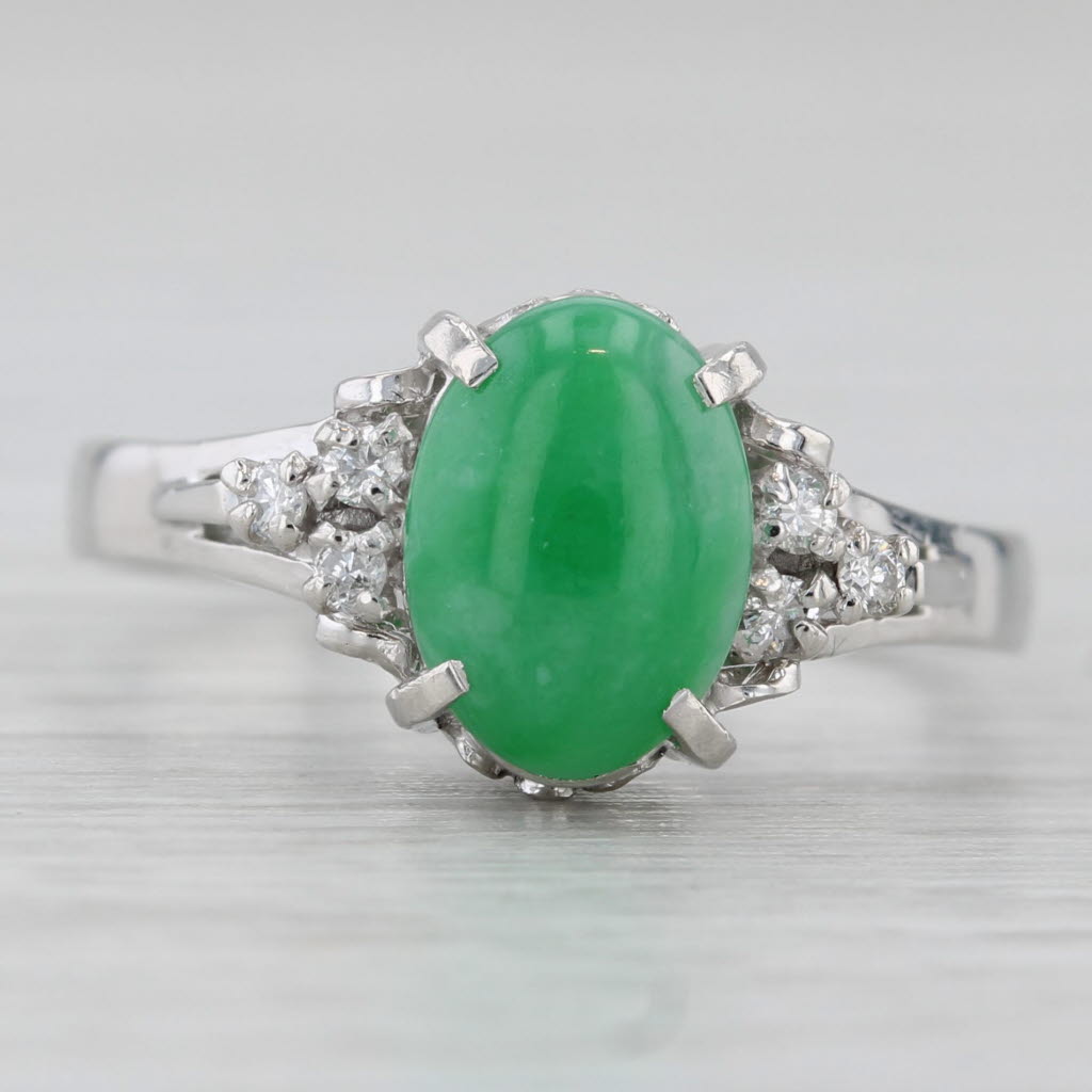 Green Oval Cabochon Jadeite Jade Diamond Ring 900 Platinum Size 7.5