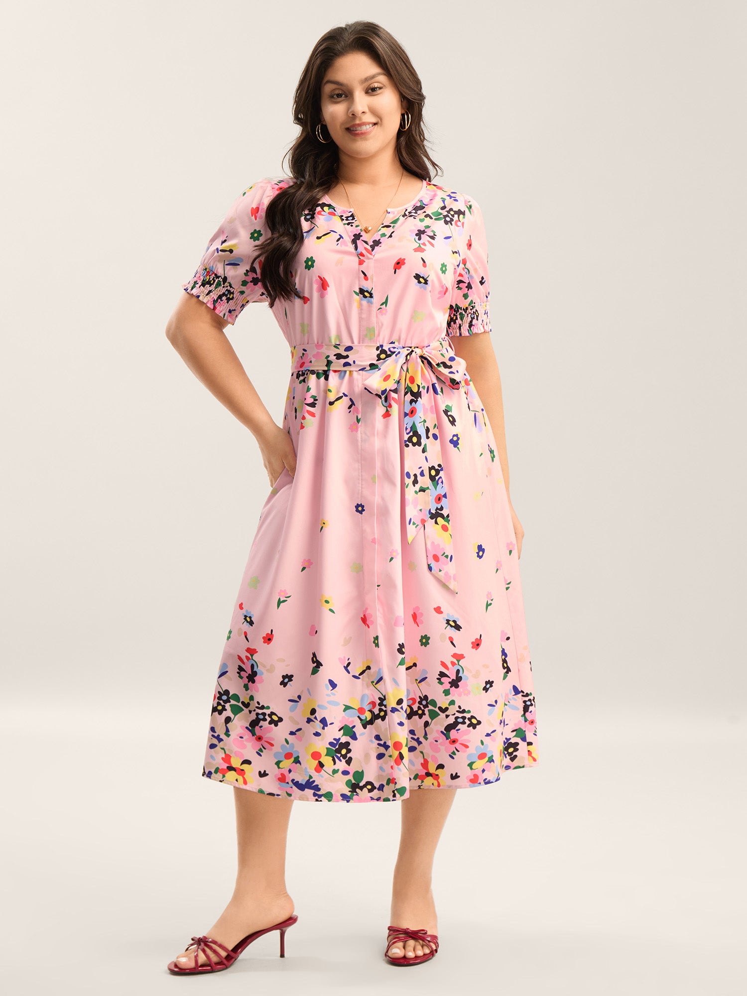 Floral Print Elastic Cuffs Belted Midi Dress