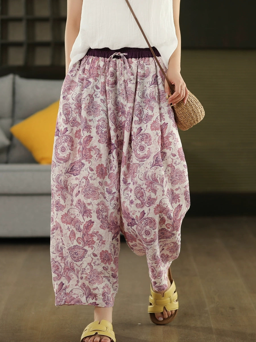 Women Artsy Summer Flower 100%Linen Harem Pants