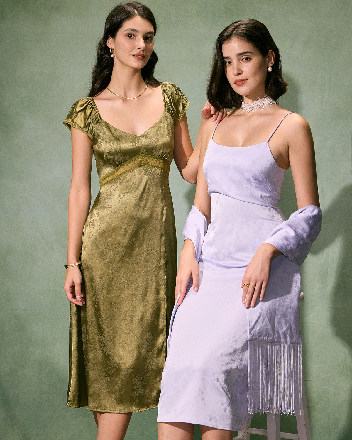 The Green Satin Jacquard Side Split Midi Dress